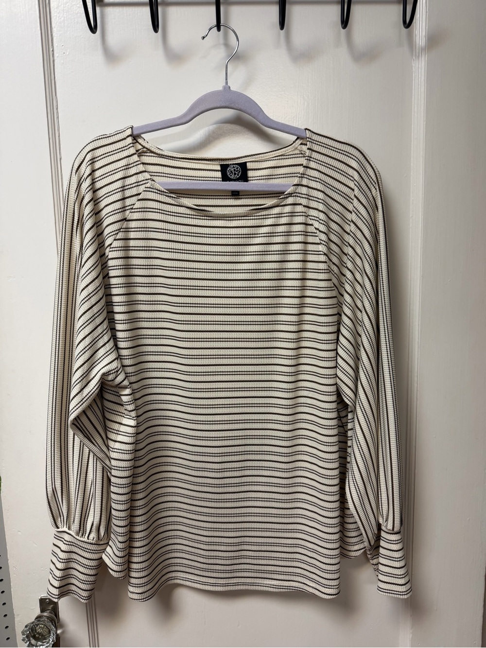 Bobeau Cream and Brown Striped Top